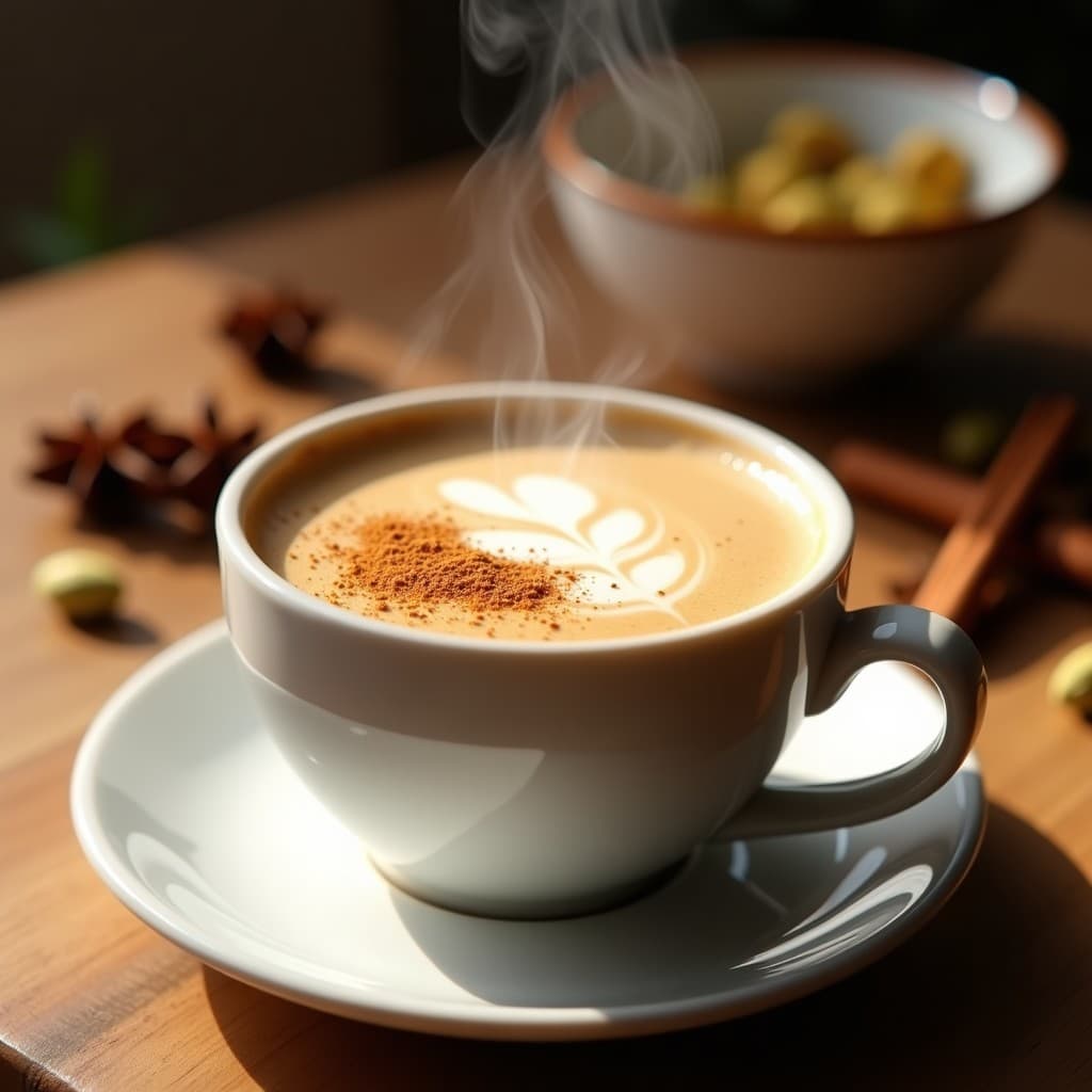 Taza de cerámica blanca con latte vegano espumoso de avena y café, decorado con nuez moscada rallada y canela en polvo, sobre una mesa de madera con especias al fondo: anís estrellado, canela en rama y semillas de cardamomo.