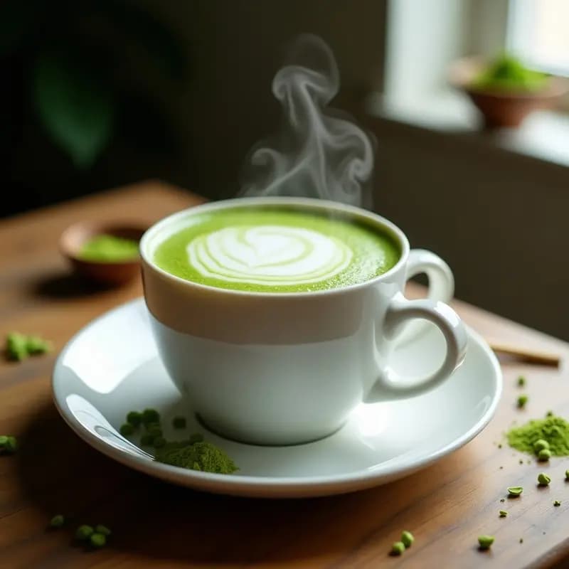 Taza de cerámica blanca con bebida de avena y cardamomo, coronada por una espuma verde vibrante de matcha. Fondo de madera rústica con semillas de cardamomo y hojas de matcha esparcidas. Luz natural suave resaltando la textura cremosa.