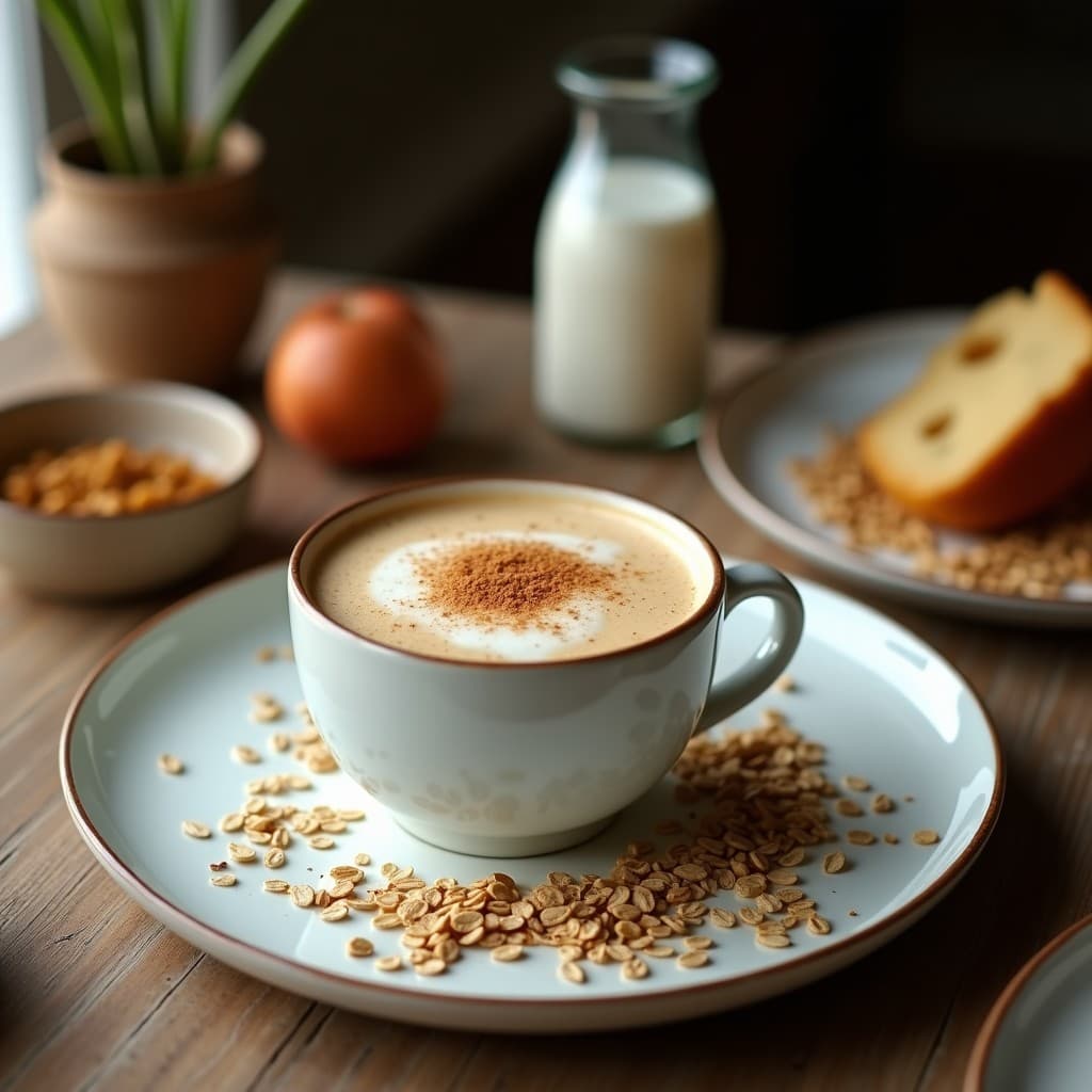 Taza de cerámica blanca con latte vegetal indio de avena y cardamomo, espuma cremosa en la superficie, decorada con pizca de nuez moscada y semillas de cardamomo trituradas. Fondo con especias enteras y rama de canela.