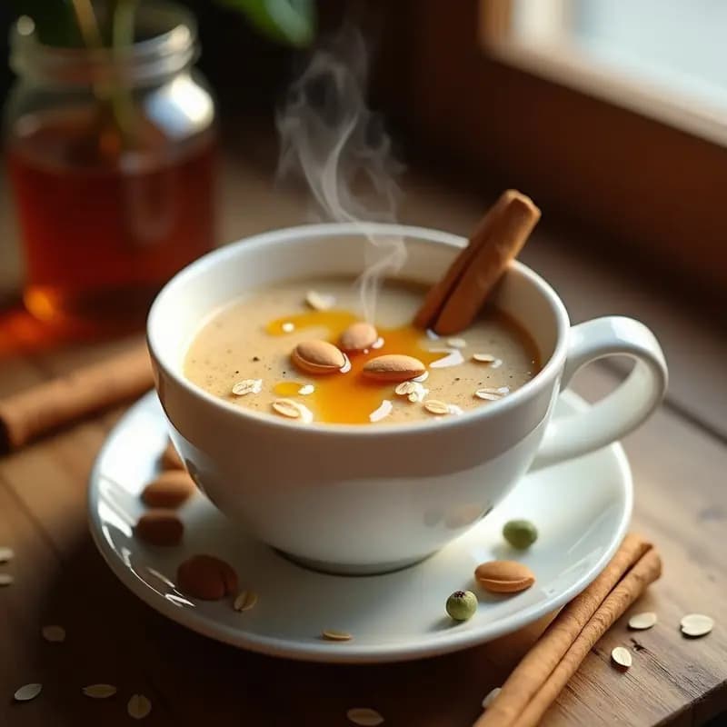 Taza de cerámica blanca con BQuote de avena y cardamomo con sirope de arce, espolvoreada con canela y cardamomo en polvo, sobre una mesa de madera con especias y una rama de canela al lado.