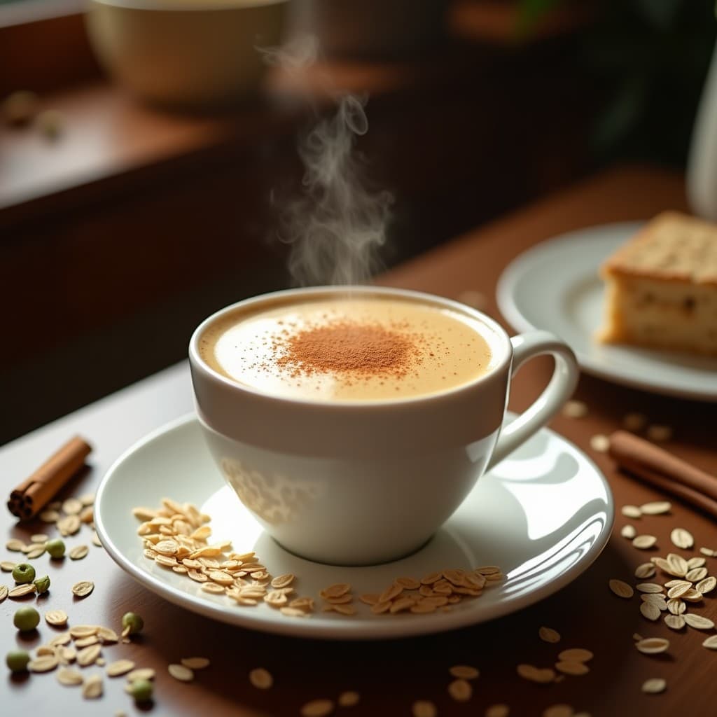 Taza de cerámica blanca humeante con bebida de avena tostada y especias chai, de color dorado claro, decorada con una pizca de canela molida en la superficie. Al fondo, especias enteras (cardamomo, canela, clavo) y copos de avena tostados esparcidos sobre una superficie de madera rústica. Luz cálida y ambiente acogedor.