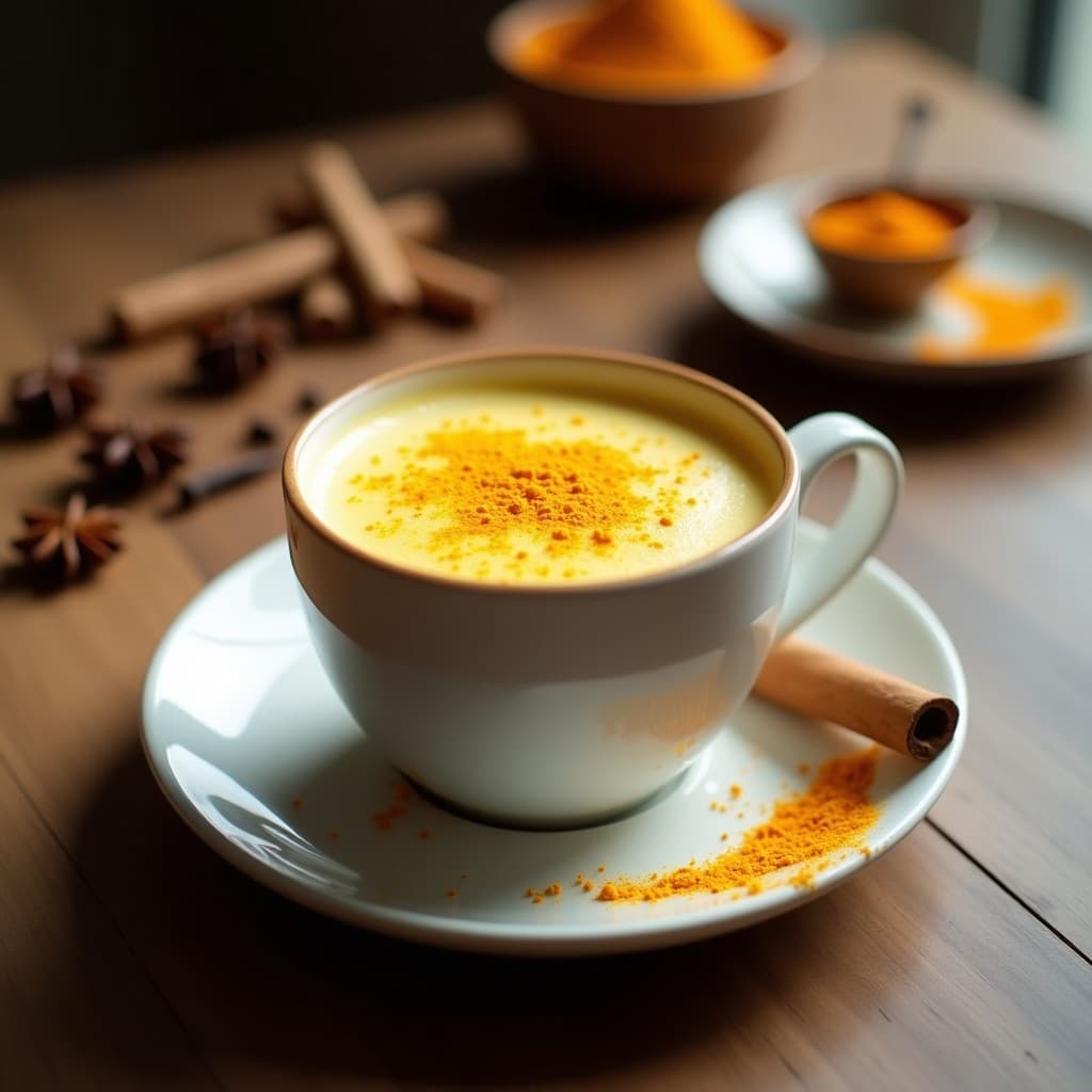 Taza de cerámica blanca con bebida golden latte de avena y cúrcuma, espumosa y dorada, decorada con un espolvoreado de cúrcuma en polvo y una ramita de canela. Fondo borroso con especias enteras (anís estrellado, clavo de olor) y una cucharita de madera. Receta antiinflamatoria sin cafeína.