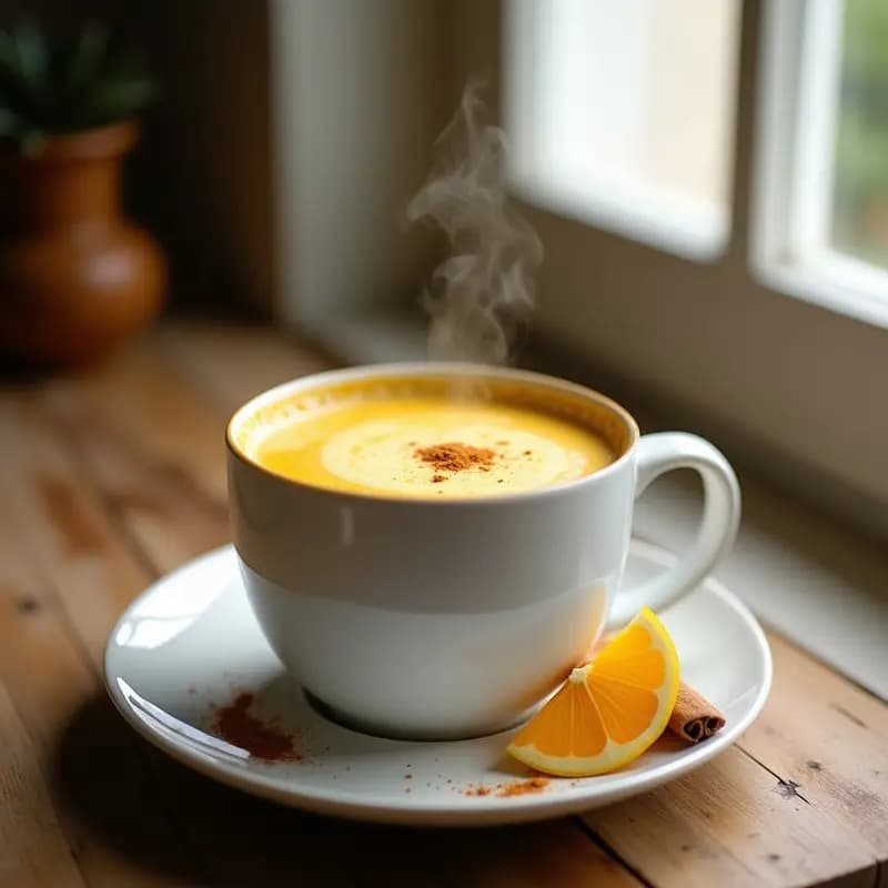 Taza de cerámica blanca humeante con leche dorada vegana de avena, cúrcuma y jengibre, decorada con una pizca de canela en polvo y una rodaja de jengibre fresco al lado, sobre una mesa de madera rústica con fondo desenfocado.