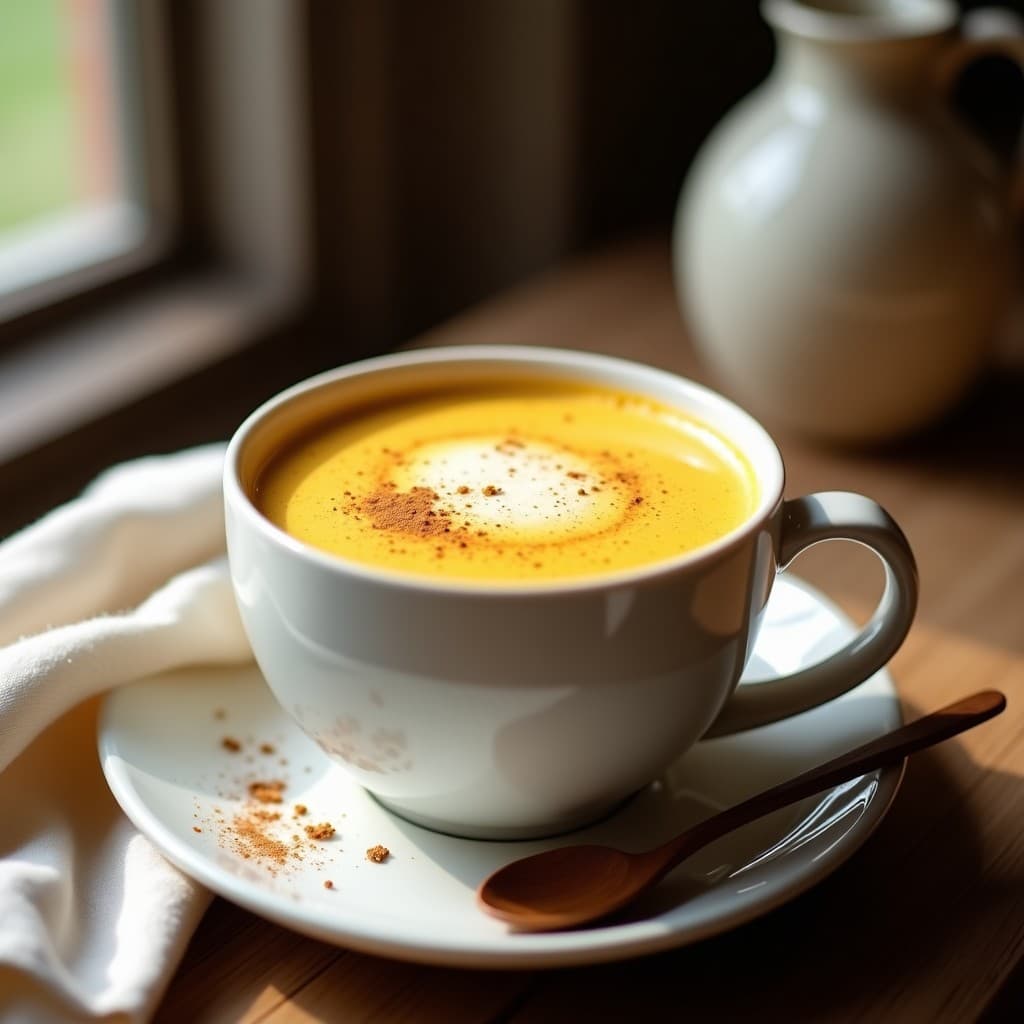 Taza de cerámica blanca con bebida de avena y cúrcuma latte espumosa, decorada con un espolvoreado de canela y cúrcuma en polvo, sobre una mesa de madera rústica con una cucharilla de miel y una rama de canela al lado.