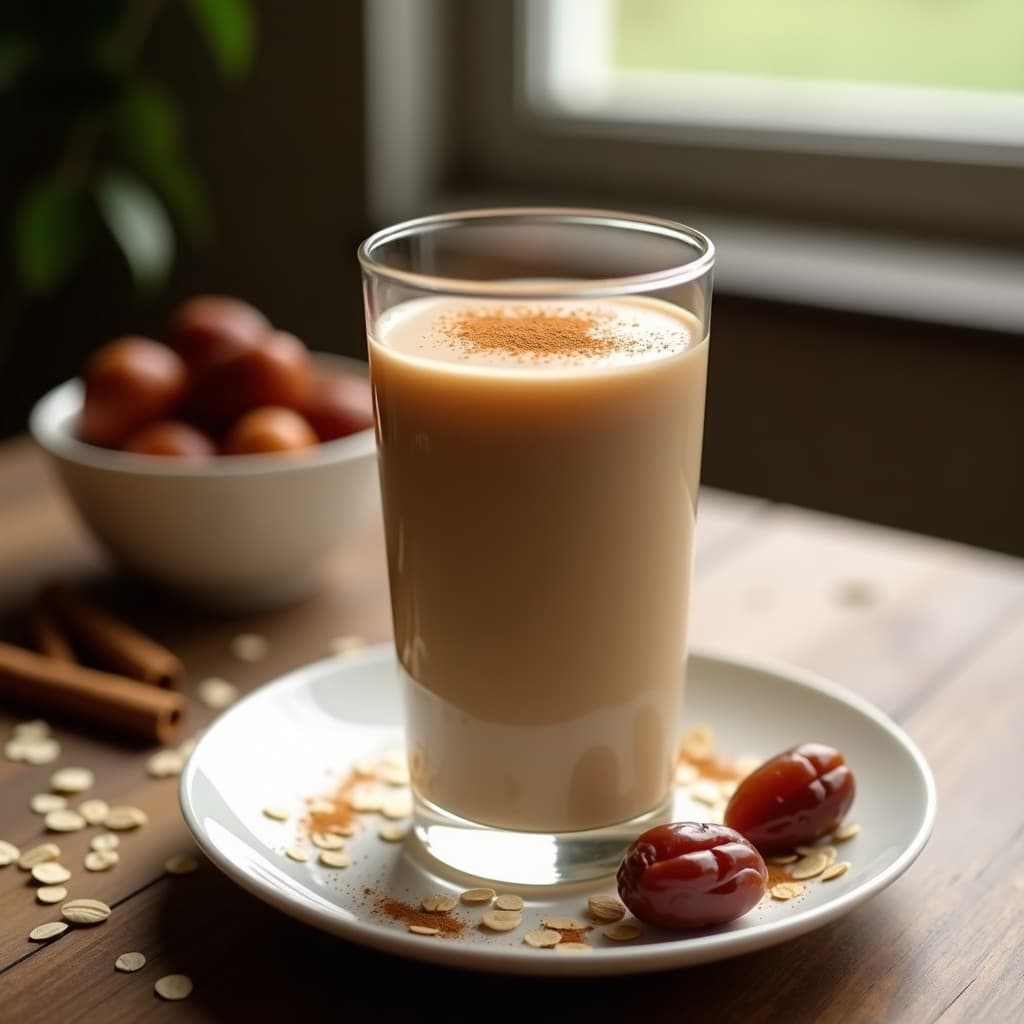 Vaso alto de cristal con horchata vegana de avena y dátiles, espolvoreada con canela molida, sobre una mesa de madera rústica con copos de avena y dátiles al fondo.