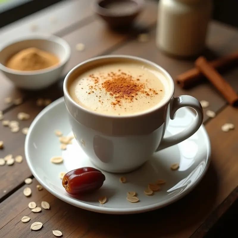 Taza de cerámica blanca con bebida de avena dorada espumosa, especias chai en polvo espolvoreadas por encima y un dátil al lado. Fondo rústico de madera con copos de avena y ramitas de canela.