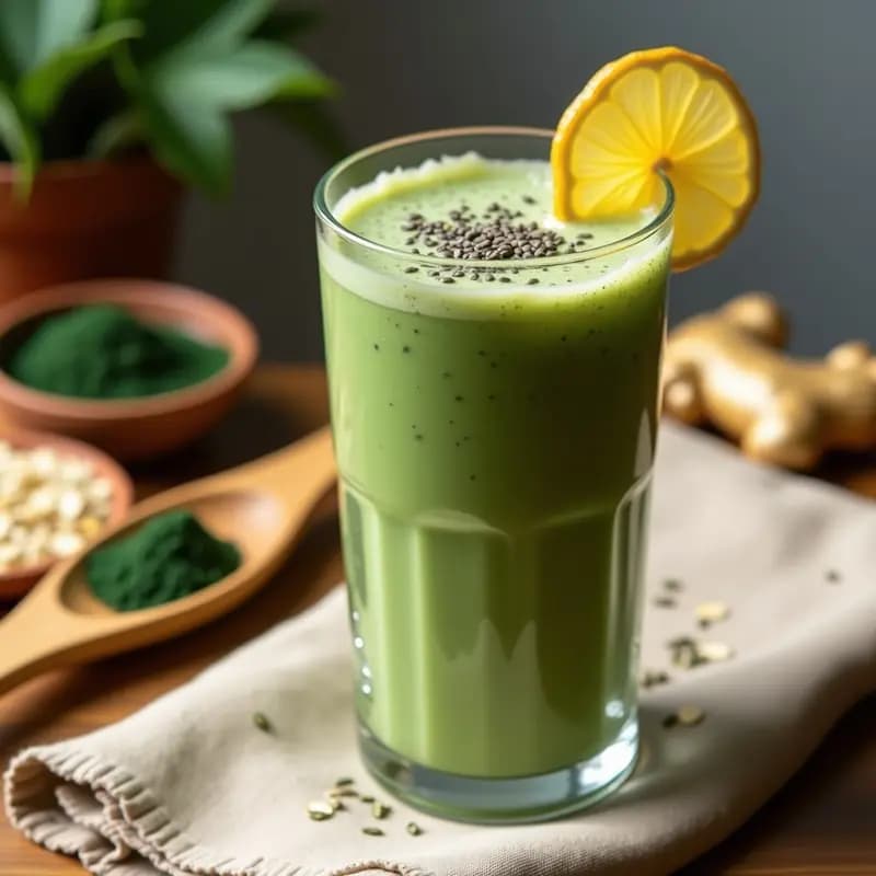 Vaso alto de cristal con batido verde espumoso de avena y espirulina, decorado con semillas de chía y una rodaja de jengibre fresco. Fondo con ingredientes peruanos como camu camu en polvo y avena tostada.