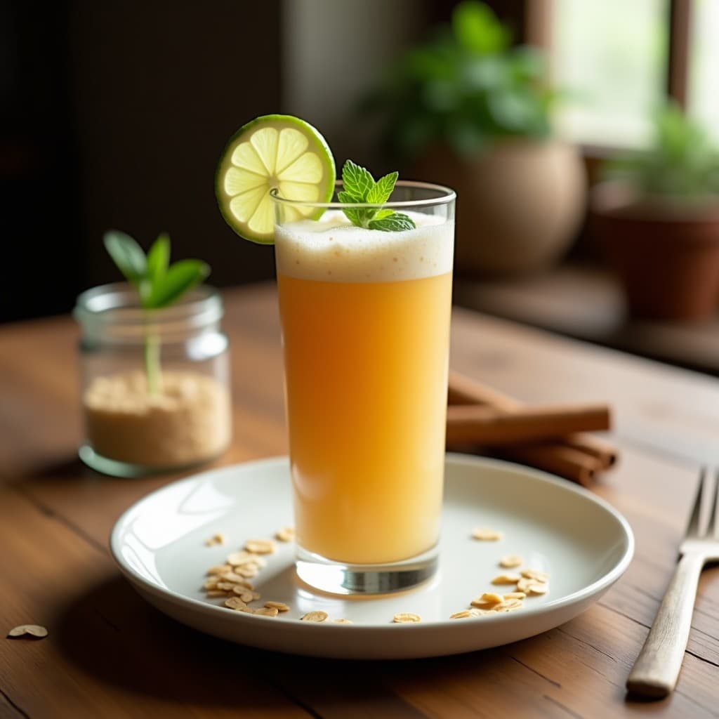 Vaso alto de cristal con bebida de avena fermentada y canela, de color dorado claro y textura ligeramente espumosa, servida con hielo y una rama de canela en el borde. Fondo con ingredientes como granos de avena, panela y limón verde sobre una mesa de madera rústica.
