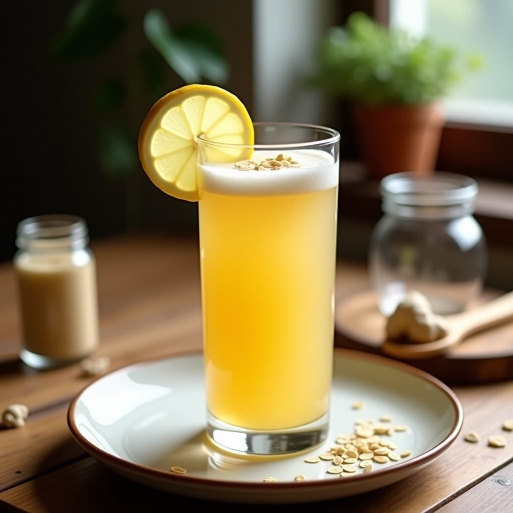 Vaso alto de cristal con bebida de avena fermentada dorada y espumosa, decorado con rodaja de limón y jengibre rallado, sobre fondo de madera rústica con granos de avena y limones al lado.