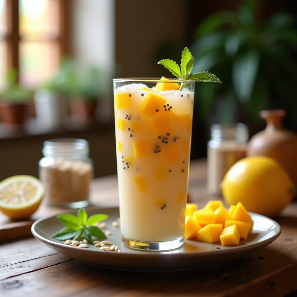 Vaso alto transparente con bebida de avena fermentada color crema, trozos de mango fresco y semillas de chía negras en suspensión. Fondo de madera rústica con granos de kéfir de agua y un limón cortado a un lado. Receta de kéfir vegano energético con mango y chía.
