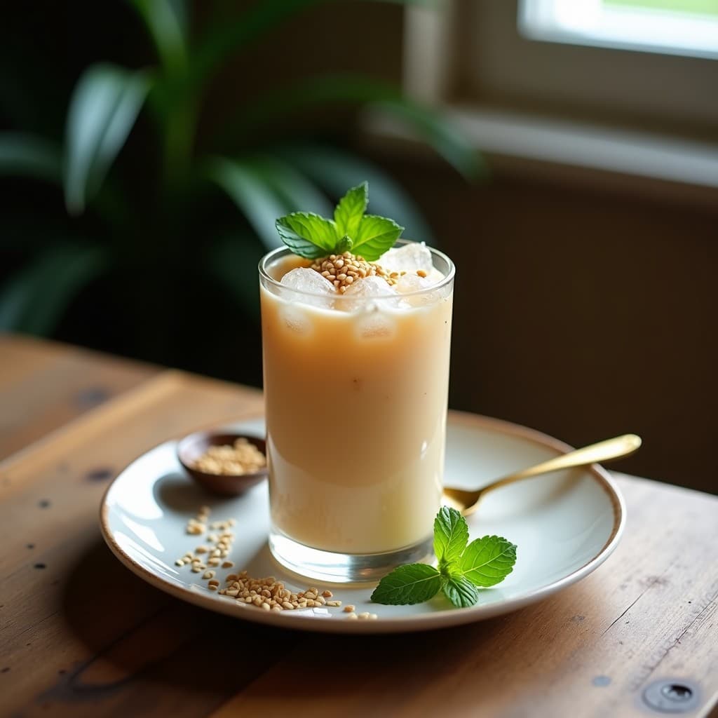 Vaso alto transparente con bebida de avena y za’atar sin azúcar, servida con hielo picado, semillas de sésamo espolvoreadas y hojas de menta fresca, sobre un fondo de madera rústica con especias libanesas al lado.