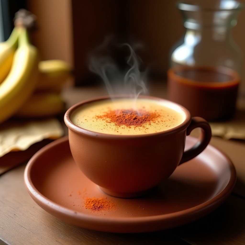 Taza de barro humeante con bebida de cacao con achiote y pimienta de cayena, de color dorado intenso y espuma cremosa, decorada con especias en polvo sobre fondo de hojas de plátano secas, estilo maya tradicional.