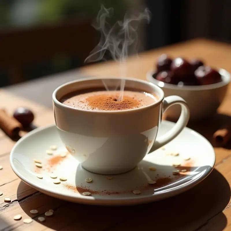 Taza de cerámica blanca humeante con bebida de cacao y avena con canela, espolvoreada con canela en polvo, sobre mesa de madera rústica con hojuelas de avena y ramitas de canela al lado. Desayuno mexicano tradicional y saludable.