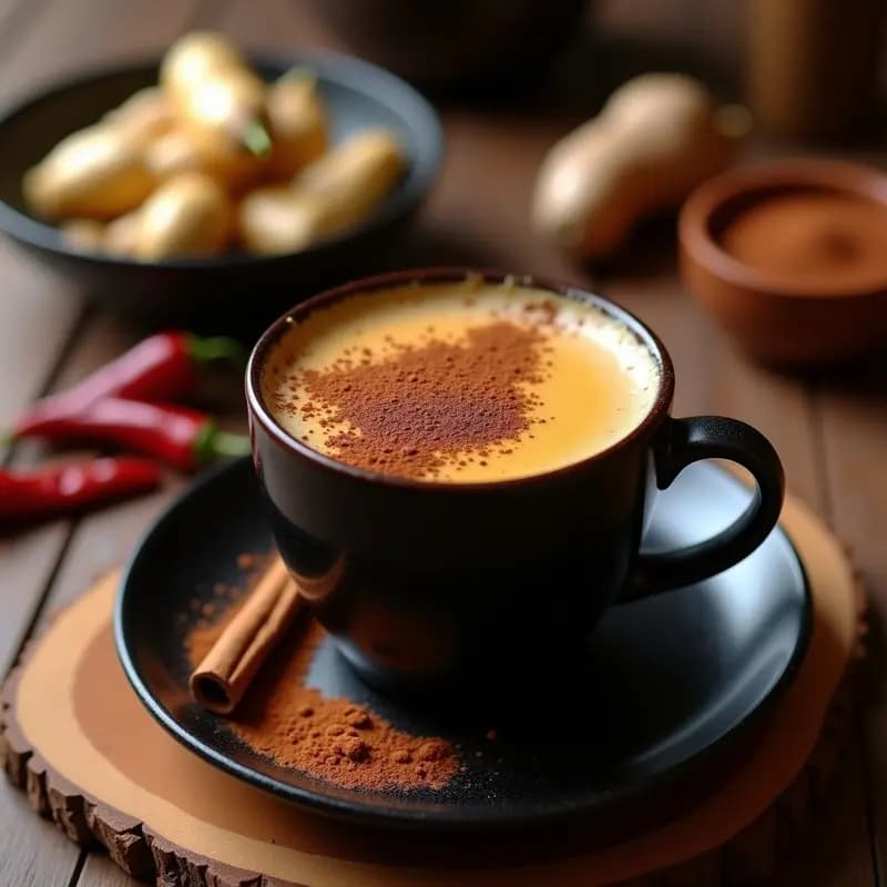 Taza de cerámica oscura con bebida de cacao y chile ancho, espumosa y humeante, decorada con un polvo de cacao y una rama de canela. Fondo rústico con ingredientes como chile ancho, cacao en polvo y jengibre fresco.