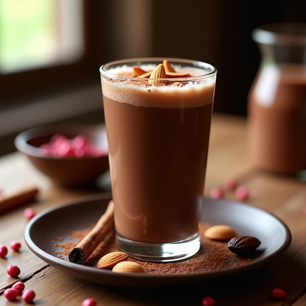 Vaso alto de cristal con bebida de cacao fría, espumosa y de color marrón oscuro, decorada con una rama de canela y una pimienta rosa entera sobre hielo picado. Fondo borroso con elementos rústicos mexicanos como un molcajete y granos de cacao.