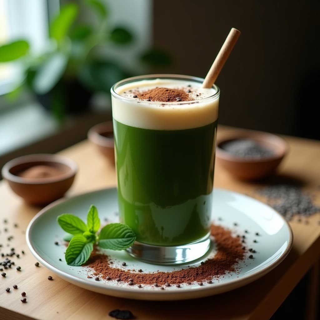 Vaso alto de cristal con bebida de café y algae spirulina, batido energético superfood de color verde oscuro con espuma cremosa, decorado con cacao crudo y canela en polvo, sobre fondo de madera rústica con semillas de chía y hojas de menta.