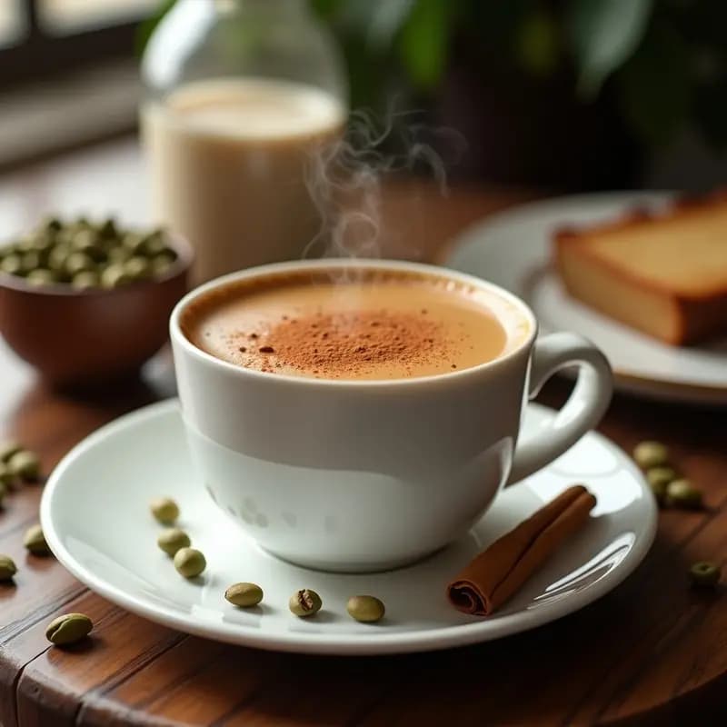 Taza de cerámica blanca con bebida de café arábica y cardamomo con leche de almendras, espolvoreada con canela en polvo, sobre una mesa de madera rústica con vainas de cardamomo y granos de café esparcidos. Receta de té energético libanés.