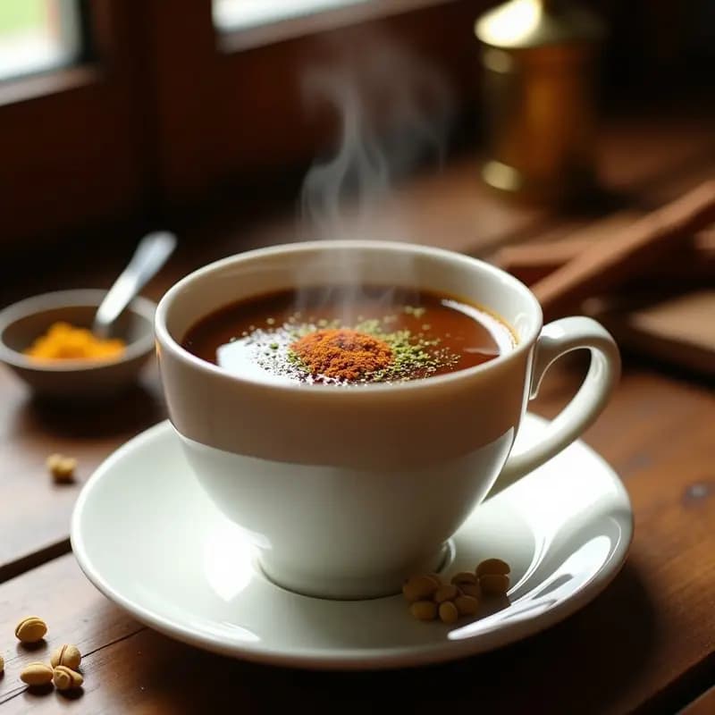 Taza de porcelana blanca con bebida de café arábigo dorada, decorada con hebras de azafrán y vainas de cardamomo abiertas sobre una mesa de madera rústica. Receta saudí tradicional energizante.