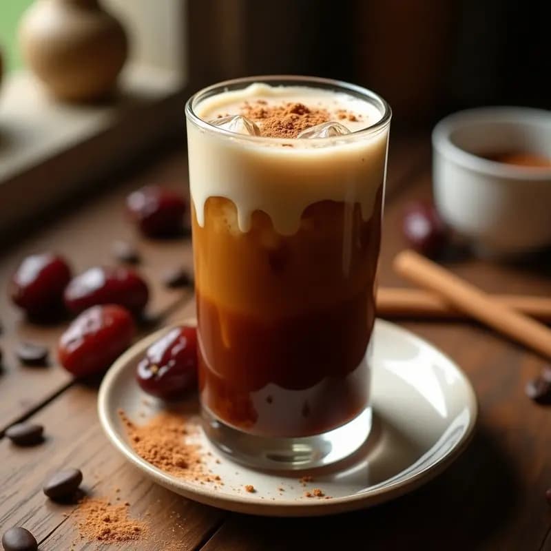 Vaso alto transparente con bebida de café con especias de baharat y leche de dátiles, decorado con canela en polvo y cubitos de hielo, sobre una mesa rústica de madera con especias y dátiles al fondo.
