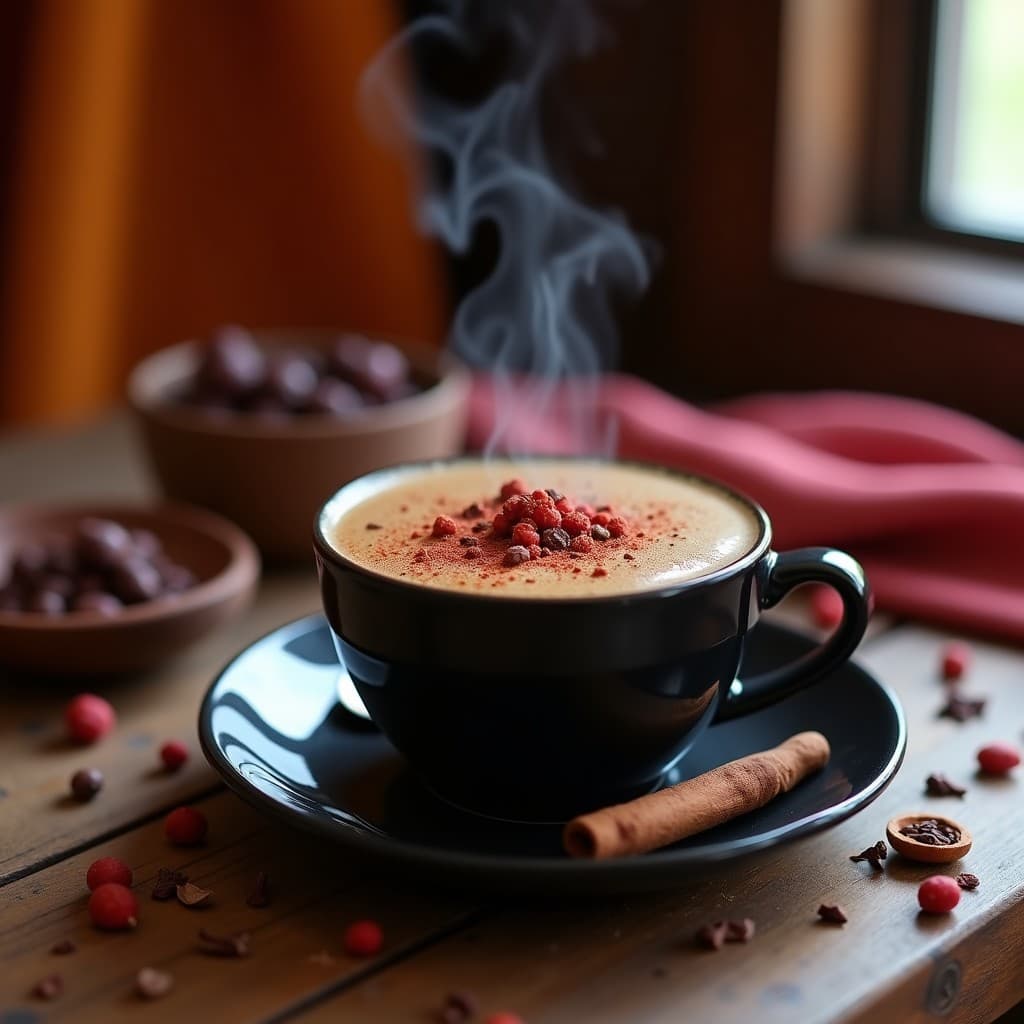 Taza de cerámica negra con bebida espumosa de café y cacao, decorada con especias mayas como achiote y pimienta rosa, sobre una mesa de madera rústica con semillas de cardamomo y una rama de canela al lado.