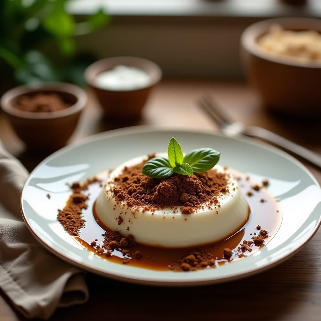 Taza de cerámica blanca humeante con bebida de café con especias de canela y cardamomo, receta india caliente, decorada con una pizca de canela en polvo y una rama de canela al lado, sobre una mesa de madera rústica con especias esparcidas.