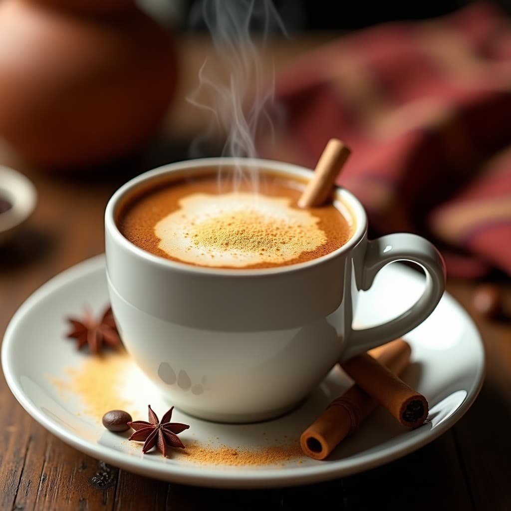 Taza de porcelana blanca con latte mexicano energético, espuma cremosa en la superficie, espolvoreada con nuez moscada y decorada con una rama de canela. Fondo rústico con semillas de pimienta de Jamaíca y granos de café dispersos.