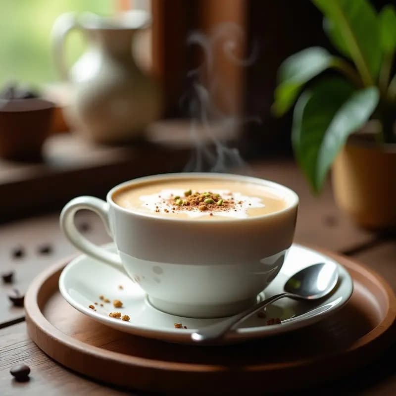 Taza de porcelana blanca con bebida de café y cardamomo coronada por espuma cremosa de leche de anacardo, espolvoreada con canela y semillas de cardamomo, sobre bandeja de madera con cucharilla de plata y granos de café al fondo.