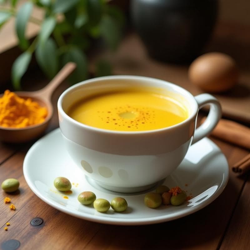 Taza de cerámica blanca con bebida dorada de café y cardamomo con leche de cúrcuma, espumosa y humeante, acompañada de semillas de cardamomo y una pizca de cúrcuma en polvo sobre la mesa de madera. Receta ayurvédica matutina saludable.