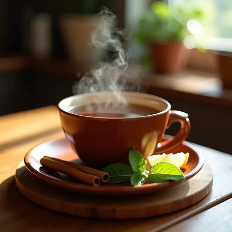 Taza de cerámica blanca con bebida de café de cardo marrubio humeante, rodaja de limón y rama de canela al lado, sobre mesa de madera rústica con hojas frescas de menta.