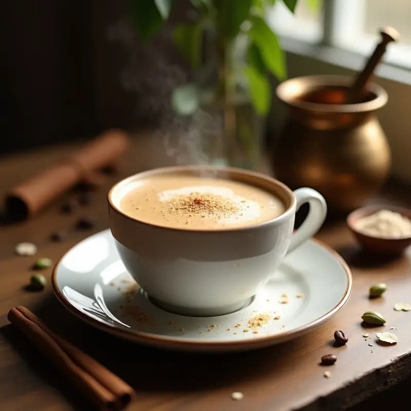 Taza de cerámica blanca con bebida de café turco keto espumosa, especias como cardamomo y canela en rama al lado, y un toque de nuez moscada rallada por encima. Fondo con texturas de especias y granos de café.