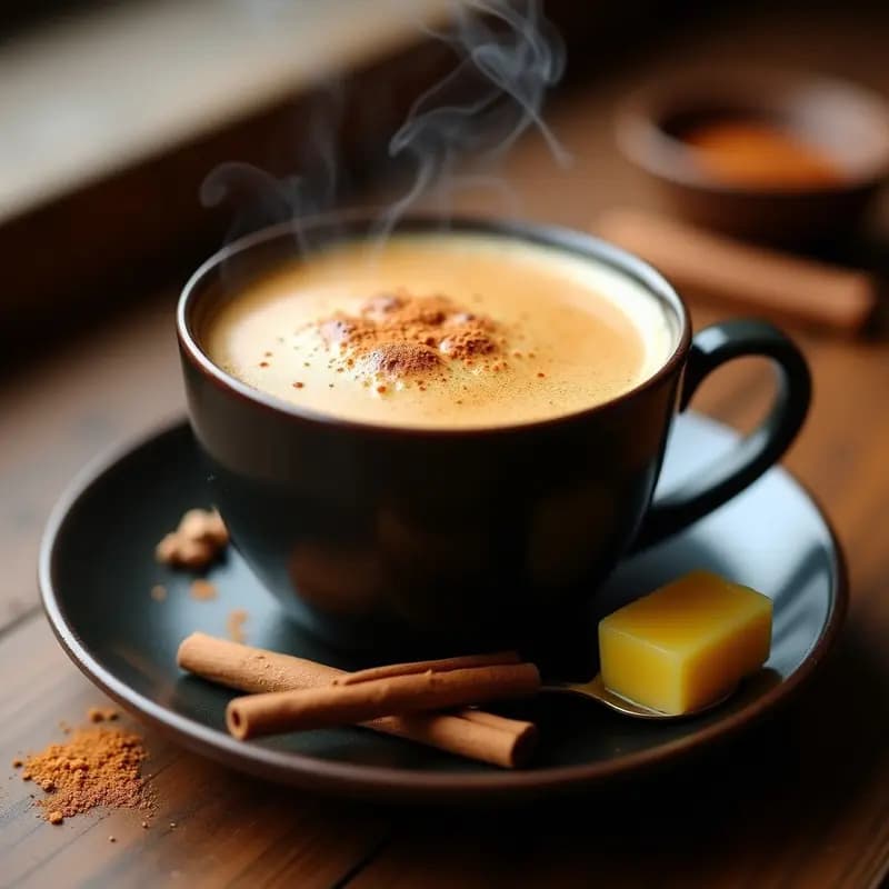 Taza de cerámica oscura con bebida de café espumosa y dorada, especias visibles en la superficie, acompañada de una cucharita de manteca de yak y ramitas de canela. Receta tibetana energética y keto.