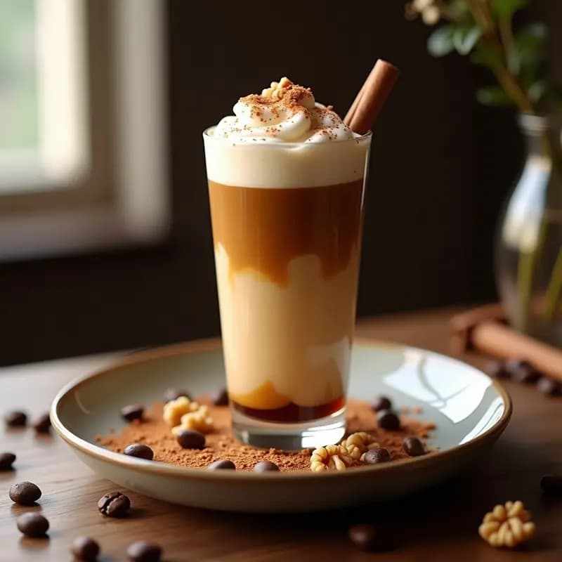 Vaso alto transparente con Latte Gourmet sin lácteos: capas de café espumoso con leche de avena, helado de dátil cremoso en el fondo y hielo picado. Espolvoreado de canela y nueces tostadas picadas en la superficie. Fondo borroso de cocina con granos de café y ramitas de canela.