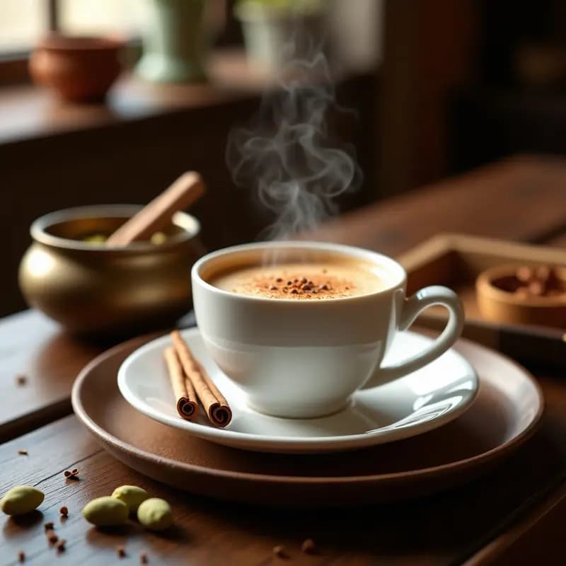 Taza de cerámica blanca humeante con bebida de chai dorada, espolvoreada con canela y cardamomo molido, junto a semillas de cardamomo y una rama de canela sobre fondo de madera oscura. Receta de té indio especiado sin cafeína con leche de almendras.