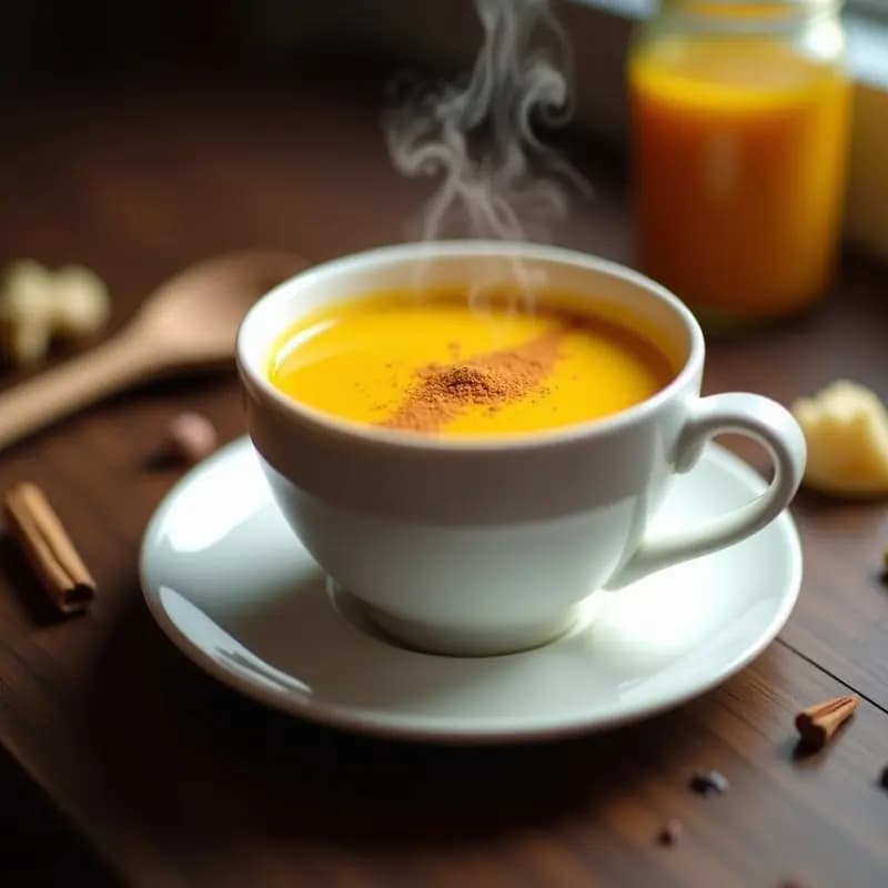 Taza de cerámica blanca humeante con bebida de cúrcuma dorada, espolvoreada con canela de Ceilán, junto a una cuchara de madera y especias dispersas (clavo de olor, pimienta rosa y jengibre fresco) sobre un fondo de madera oscura. Tónico ayurvédico antiinflamatorio con leche de anacardo y miel.