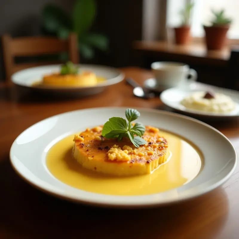 Taza de cerámica blanca con Golden Milk Peruviano, bebida dorada de cúrcuma y jengibre con leche de mandrina, decorada con una pizca de cúrcuma en polvo y una rodaja de mandarina al lado, sobre una mesa de madera rústica con especias al fondo.