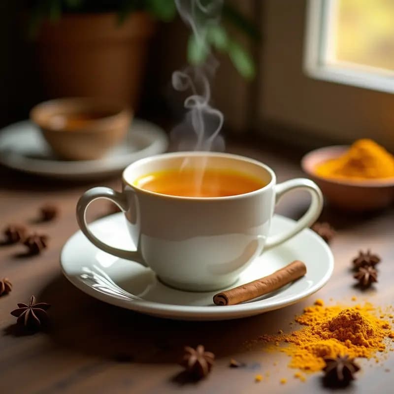 Taza de cerámica blanca con té ayurvédico dorado de cúrcuma y pimienta de Jamaica, humeante, sobre una mesa de madera rústica. Al fondo, especias en grano y una rama de canela. Luz cálida y ambiente acogedor.