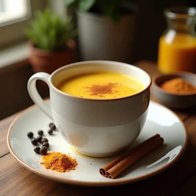 Taza de cerámica blanca humeante con bebida de cúrcuma y pimienta negra en leche de avena, espolvoreada con canela, sobre fondo de madera rústica con especias al lado.