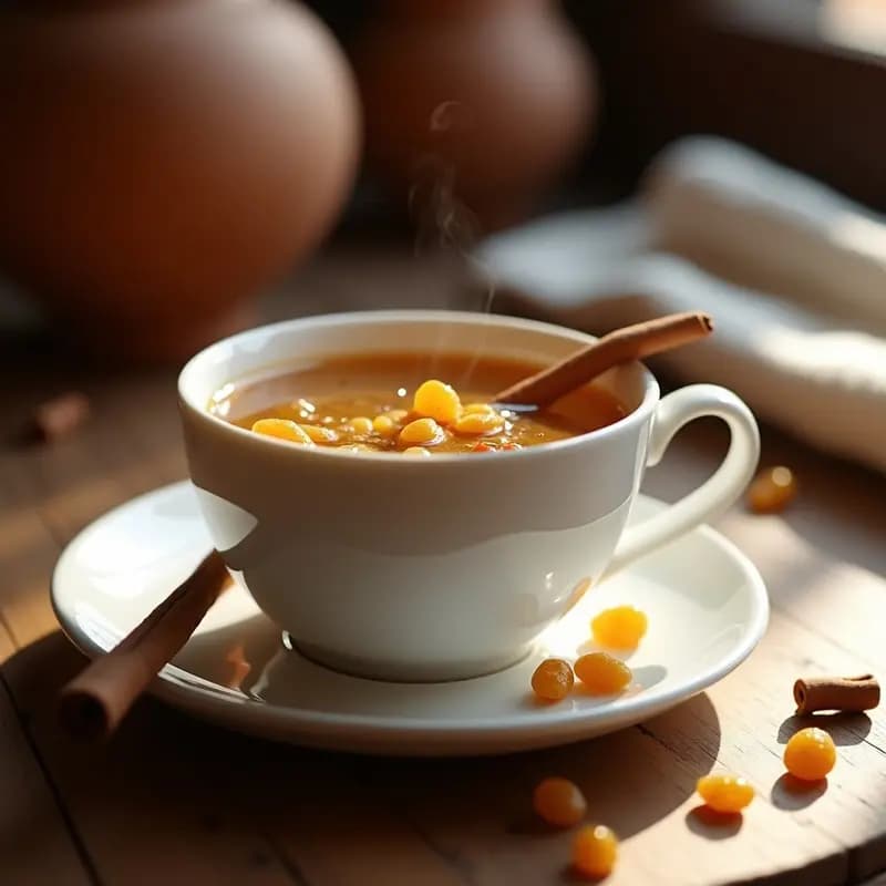 Taza de cerámica blanca con infusión marroquí de cuscus tostado, canela en rama y pasas rubias, humeante y decorada con una ramita de canela sobre fondo de madera rústica.