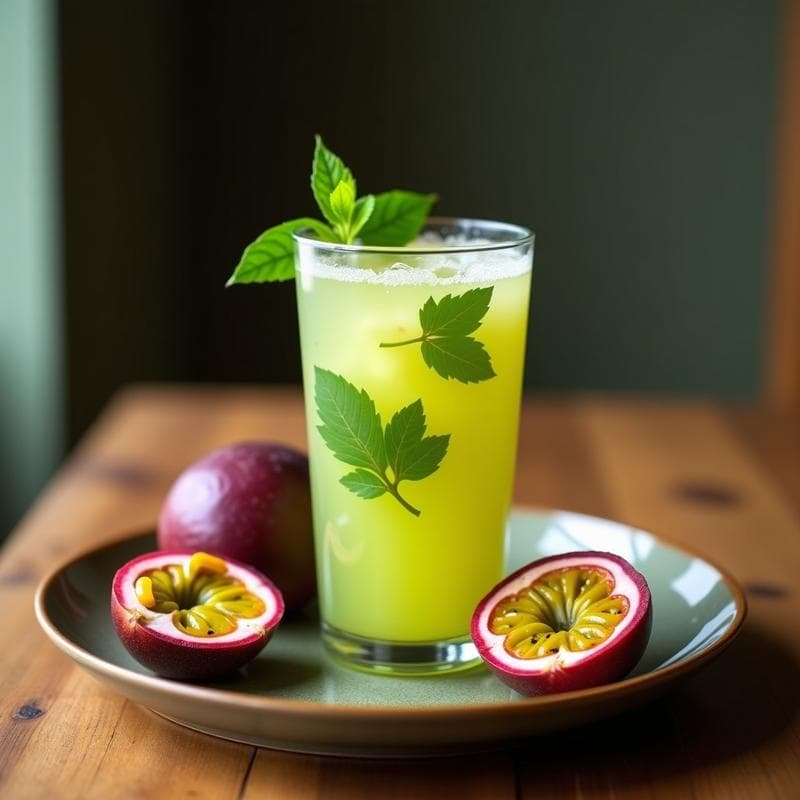 Vaso alto transparente con bebida verde azulada de espirulina y maracuyá, servida con hielo y decorada con semillas de maracuyá y una rodaja de limón. Refresco detox y energético sobre fondo claro.