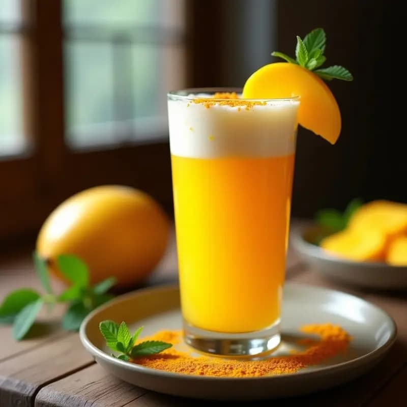 Vaso alto transparente con bebida espumosa de mango y cúrcuma, color amarillo dorado con espuma blanca en la superficie, decorado con rodajas de mango y una pizca de cúrcuma en polvo. Fondo borroso con hojas de menta y luz natural resaltando los colores vibrantes. Receta de refresco indio antiinflamatorio.