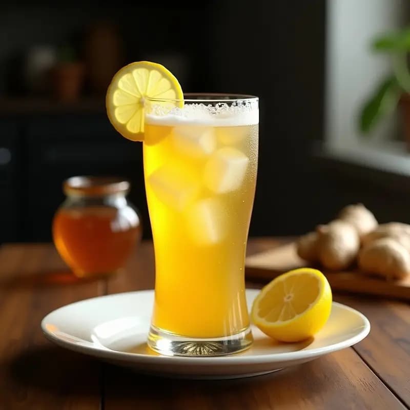 Vaso alto con ginger beer casero, burbujeante y dorado, decorado con rodaja de limón y hielo, sobre fondo rústico de madera.