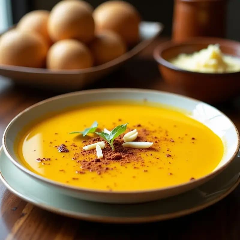 Taza de cerámica blanca con bebida Golden Milk keto dorada y espumosa, decorada con una pizca de canela y cúrcuma en polvo, sobre un mantel de lino rústico con especias al lado.