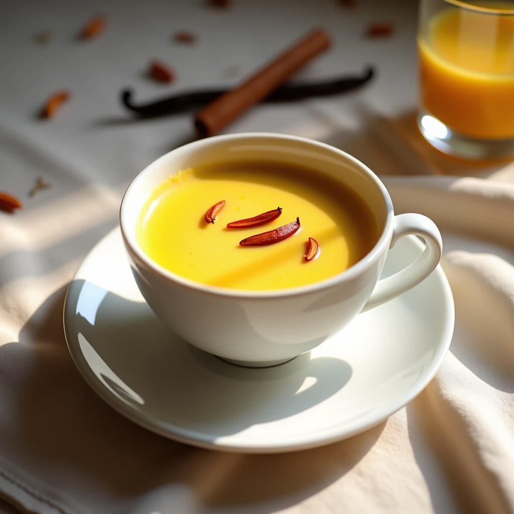 Taza de porcelana blanca con bebida dorada de golden milk espumosa, decorada con pimienta rosa en grano y una ramas de canela sobre un mantel de lino beige. Receta ayurvédica de golden milk con pimienta rosa y vainilla.
