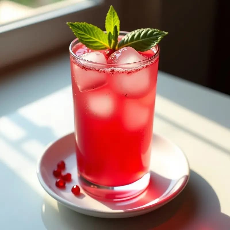 Bebida de Zumo de Granada y Agua de Rosas con Hielo de Néctar de Agave: Refresco Persa Sin Alcohol