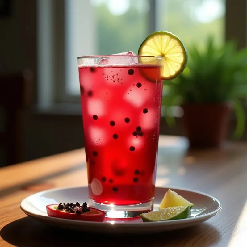 Vaso alto transparente con bebida de hibisco y maracuyá con chía, de color rojo intenso con semillas de chía en suspensión, decorado con una rodaja de limón y hielo. Refresco colombiano detox y energético servido en un día soleado.