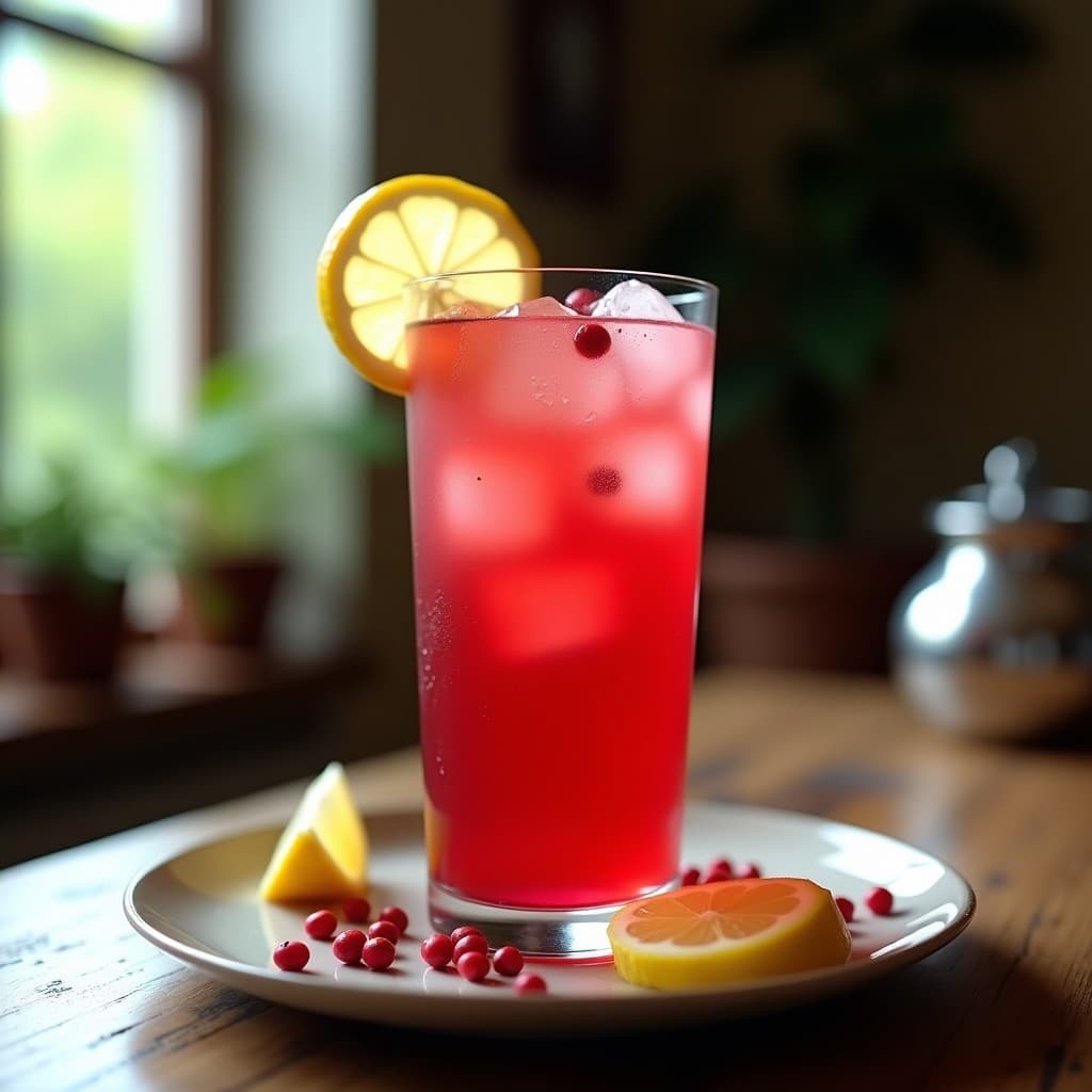 Vaso alto transparente con bebida fría de hibisco de color rojo intenso, decorado con rodajas de limón, granos de pimienta rosa y hielo. Refresco peruano sin azúcar con zumo de maracuyá, servido sobre una mesa rústica de madera con fondo desenfocado.