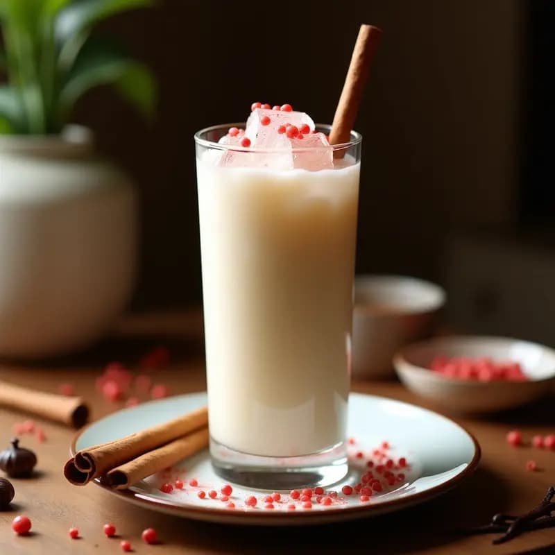 Vaso alto de cristal transparente lleno de bebida blanca cremosa, agua de horchata con canela y pimienta rosa, decorado con hielo picado, una rama de canela y granos de pimienta rosa en el borde, sobre un fondo rústico de madera con especias esparcidas.