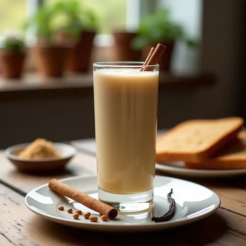 Vaso alto de cristal con bebida de agua de horchata salvadoreña, espolvoreada con canela en polvo y una rama de canela al lado, sobre fondo rústico de madera con granos de arroz dispersos.