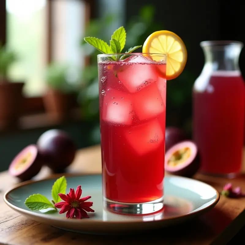 Vaso alto transparente con bebida de Jamaica y maracuyá, color rojo intenso con reflejos morados, decorado con hielo, rama de menta y rodaja de limón. Fondo borroso con jarra de cristal y flores de hibisco secas.