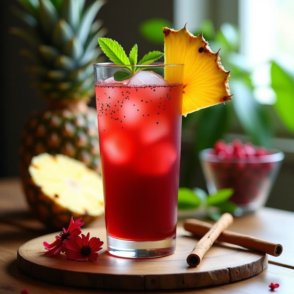Vaso alto transparente con bebida de Jamaica y piña con chía, de color rojo intenso con semillas de chía en suspensión, decorado con rodaja de piña, hojas de menta y hielo. Refresco desintoxicante y diurético natural.